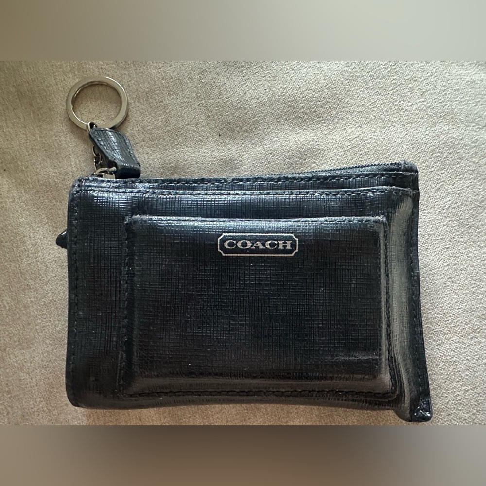 GUC COACH DARCY BLACK CROSSGRAIN SAFFIANO LEATHER KEY RING CARD CASE WALLET - Picture 2 of 4
